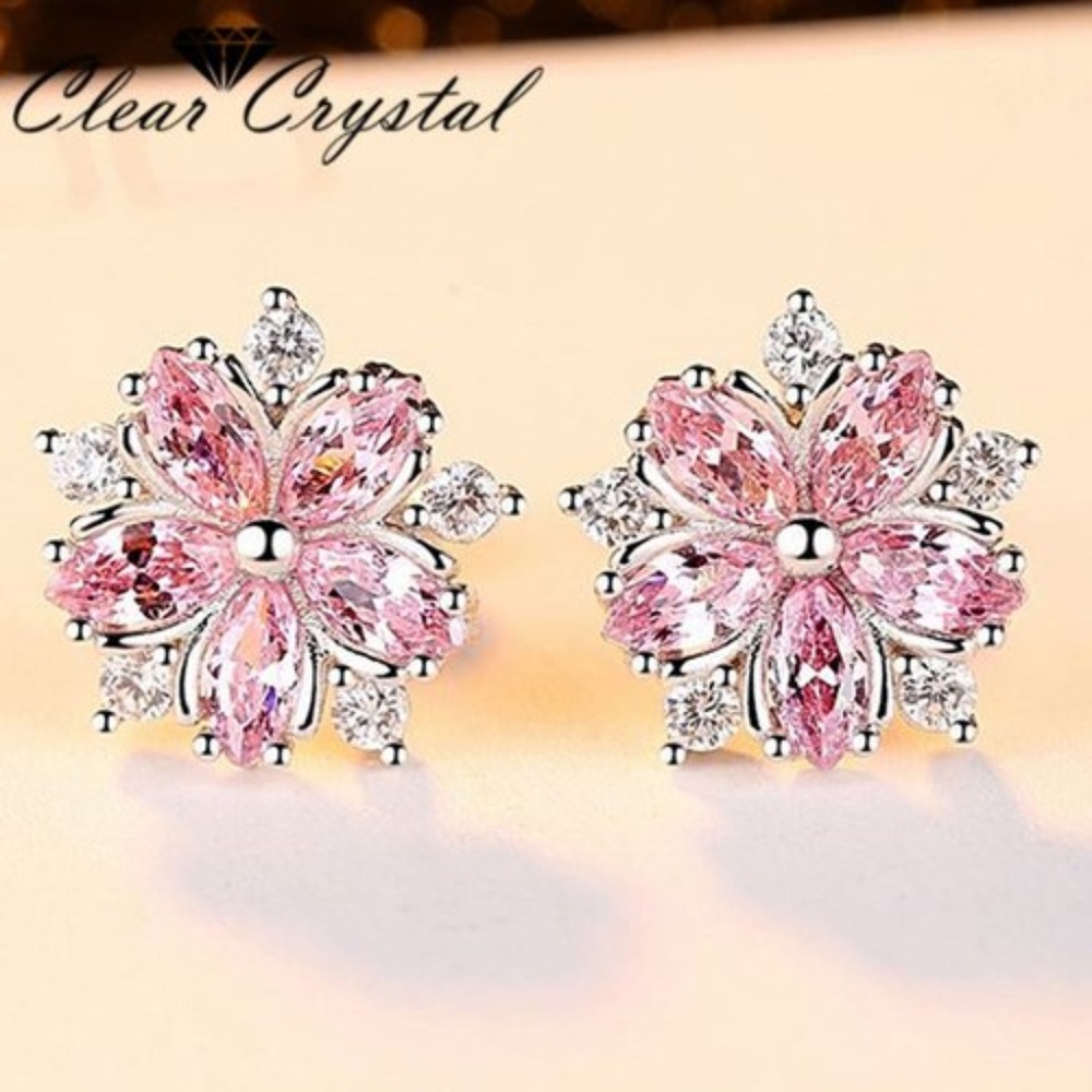 Pink White CZ Cubic Zircon Flower‎ Stud White Gold Plate Earrings